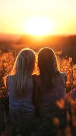 Backlit friends embracing in golden hour meadow glow.