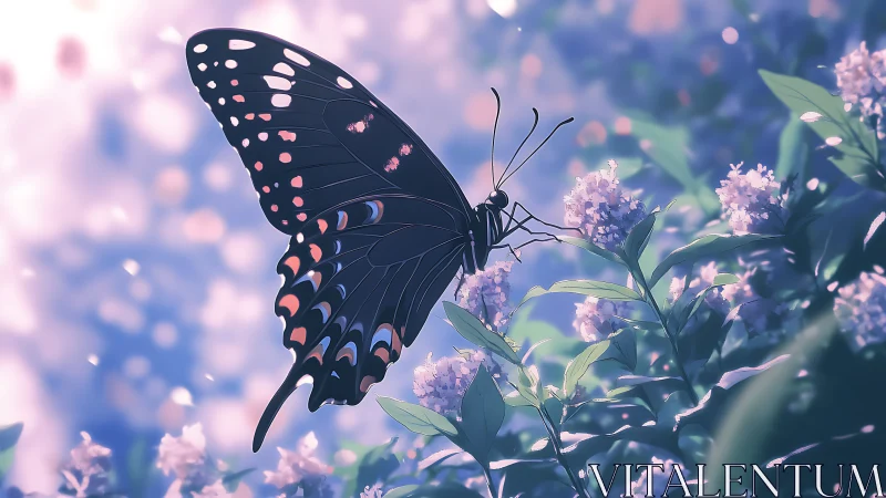 Butterfly on lilac blossoms in soft evening garden light.