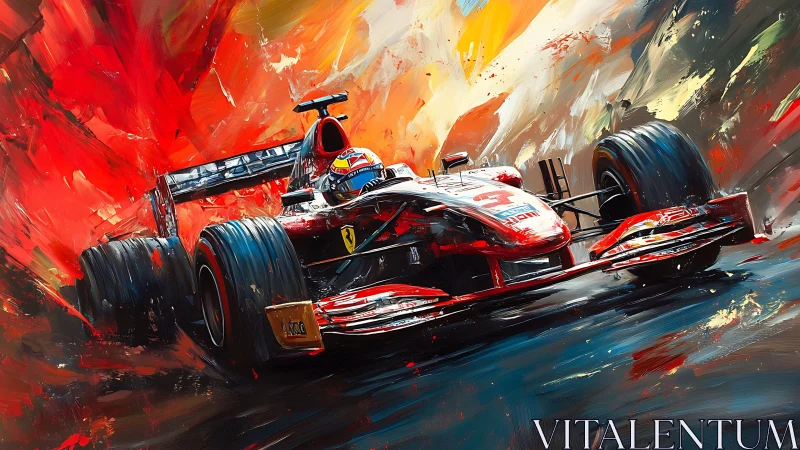 Formula racing car in motion against abstract paint field.