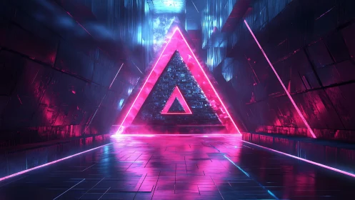 Neon triangular portal in reflective cyber tunnel environment.