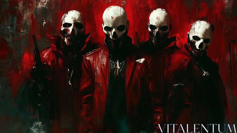 Militant quartet in skull masks with red tactical coats