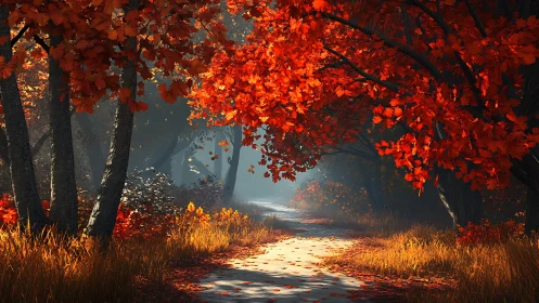 Autumn Forest Path: Crimson Canopy and Golden Light Through Misty Woods