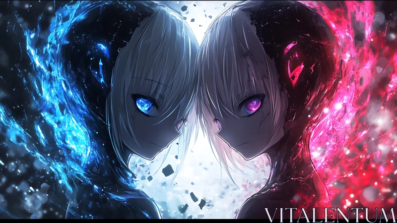 Twin anime figures split by blue and red energy divide.