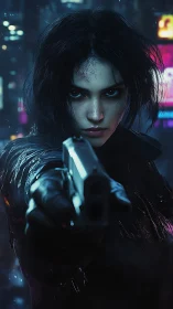 Fierce night warrior holding her ground in neon rain.