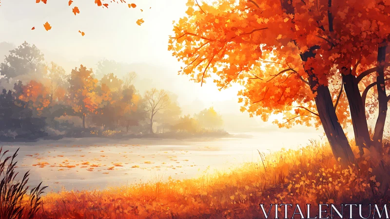Golden autumn trees glow beside a tranquil misty lake