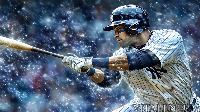 Baseball batter in pinstripes swinging in snowy blur.