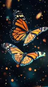 Glowing monarch butterflies drift through a starlit bokeh night