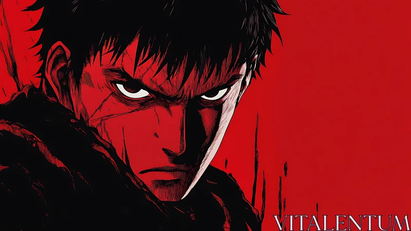 Brooding anime warrior glares against a stark blood-red void