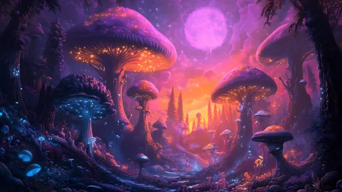 Bioluminescent mushroom forest under glowing violet moon.
