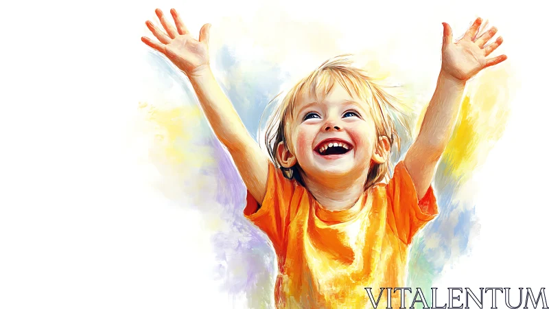Joyful young child rendered with expressive watercolor and oil painting techniques displaying uninhi