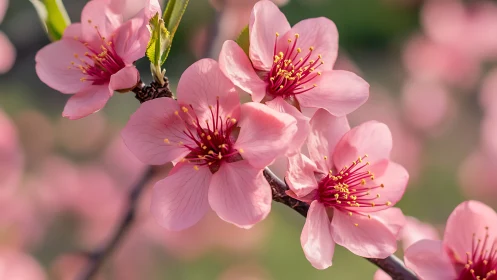 Close-up of pink cherry blossoms on a flowering branch.