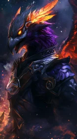 Armored phoenix warrior stands in blazing cosmic storm