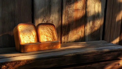 Golden Toast Slices on Wooden Surface in Warm Sunlight.