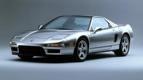 Iconic silver Honda NSX coupe under soft studio lighting.
