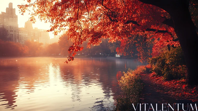 Autumn lakeside in urban park rendered with warm cinematic light