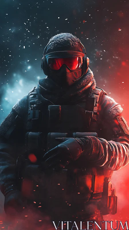 Tactical soldier stands in mixed red and blue atmospheric lighting