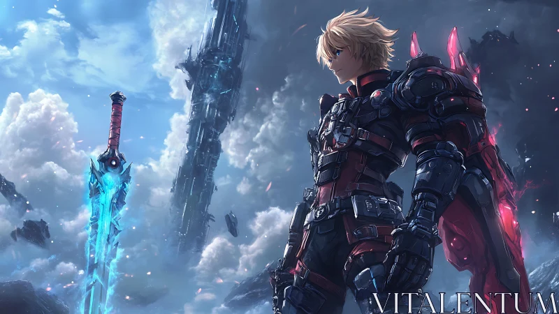 Armored sci fi warrior with glowing sword in stormy sky.