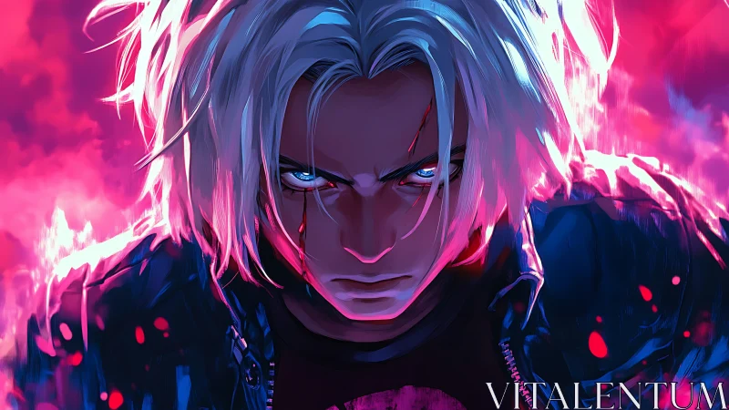 Storm-lit rebel with silver hair and blazing neon gaze.
