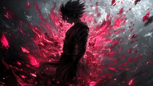 Dark anime warrior stands amid explosive crimson energy storm