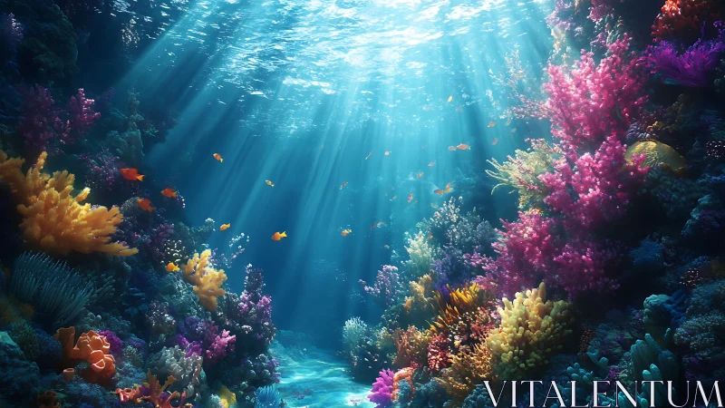 Sunlit digital coral reef scene depicts dense marine habitat