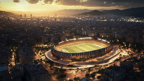 Golden stadium halo above a twilight-sparked sleeping city.