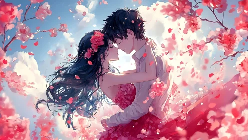 Blossomstorm lovers collide in a petal-bright embrace.
