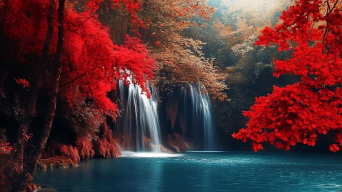 Crimson forest waterfall cascades into tranquil blue pool.