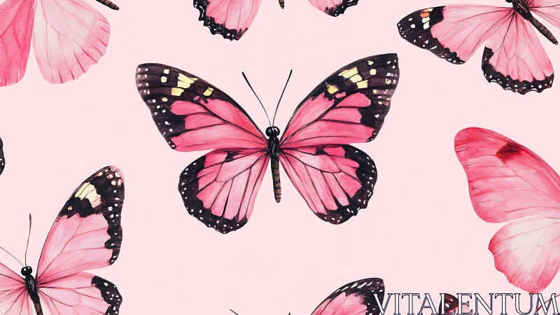 Pink watercolor butterflies on soft blush seamless pattern.