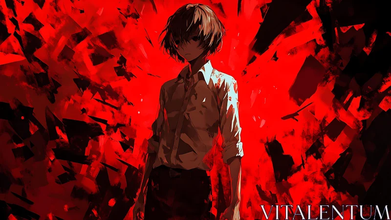 Male figure stands before fragmented red and black backdrop