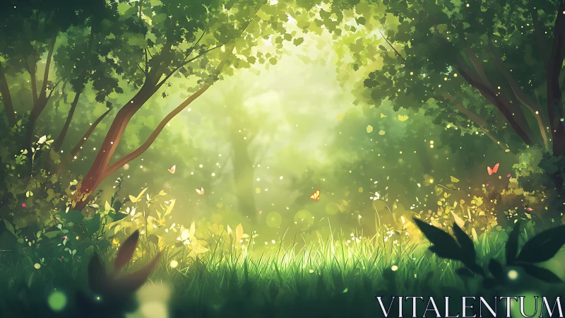 Sunlit Forest Clearing with Ethereal Light and Floating Particles