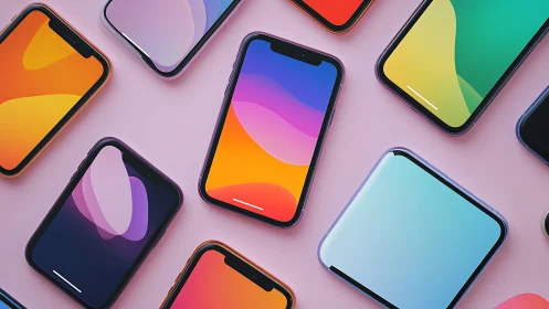 Smartphones with colorful displays are arranged on pink surface