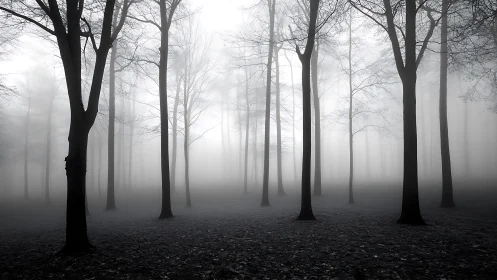 Bare winter trees rise through dense monochrome forest fog