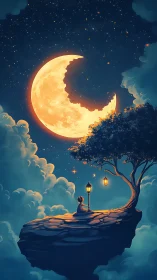 Child on floating cliff under luminous crescent moon.