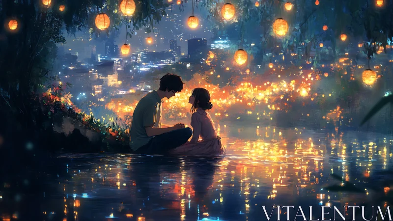 Romantic couple by lantern lit river over glowing cityscape.
