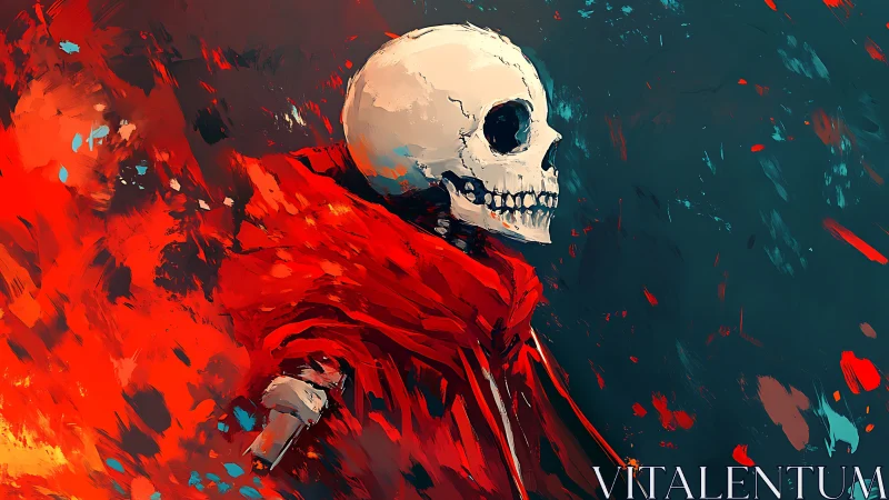 Fiery robed skeleton emerging from swirling abstract void.