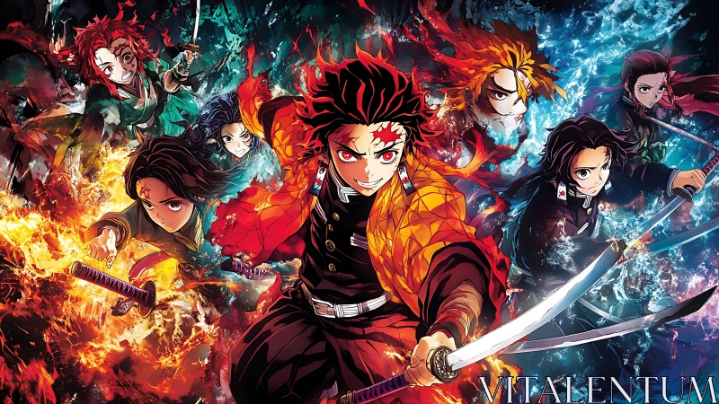 Sword-wielding anime warriors with opposing fire and water effects