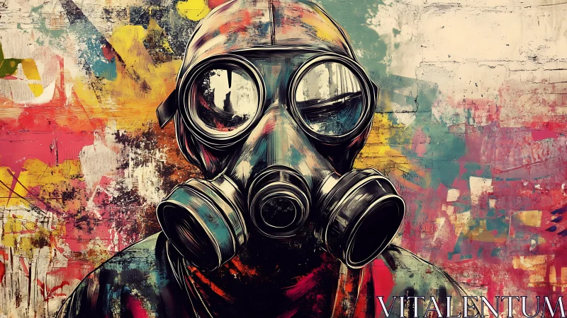 Human figure in gas mask before layered graffiti wall.