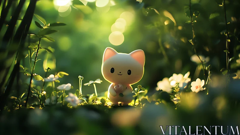 Backlit chibi cat figurine in shallow-depth forest glade
