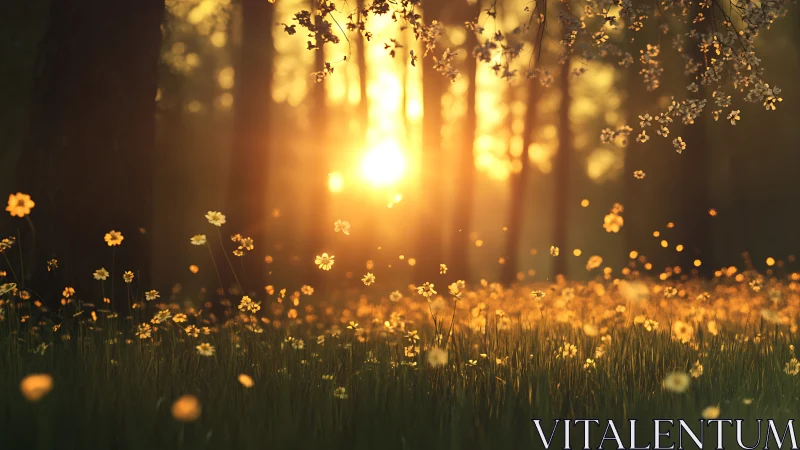 Golden woodland sunset glowing over gentle wildflowers.