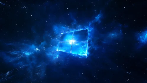 Luminescent blue window emblem suspended in deep space.