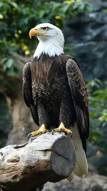 Regal bald eagle perches calmly on sunlit forest log