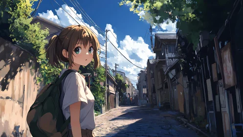 Schoolgirl walks sunlit alley in quiet summer neighborhood