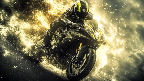 Motorcyclist leans into high speed turn amid golden sparks