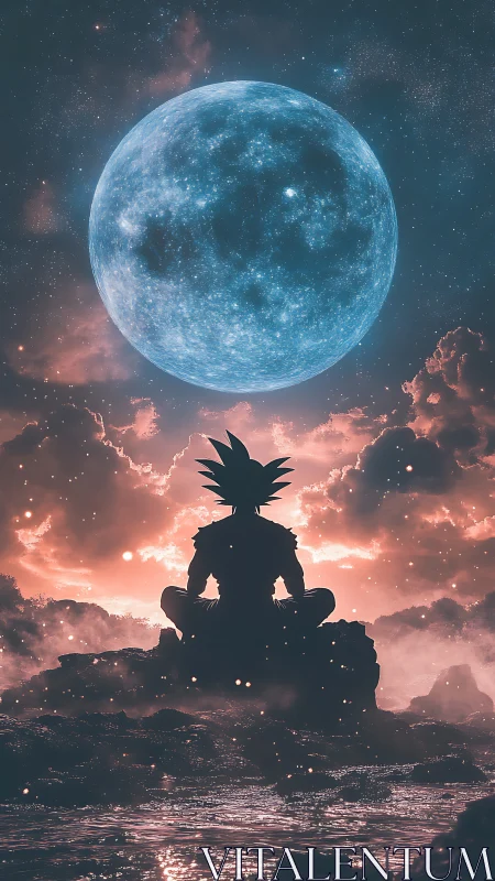 Backlit warrior silhouette meditating beneath oversized blue moon
