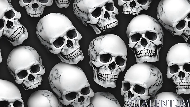 Array of digitally rendered human skulls on dark ground.