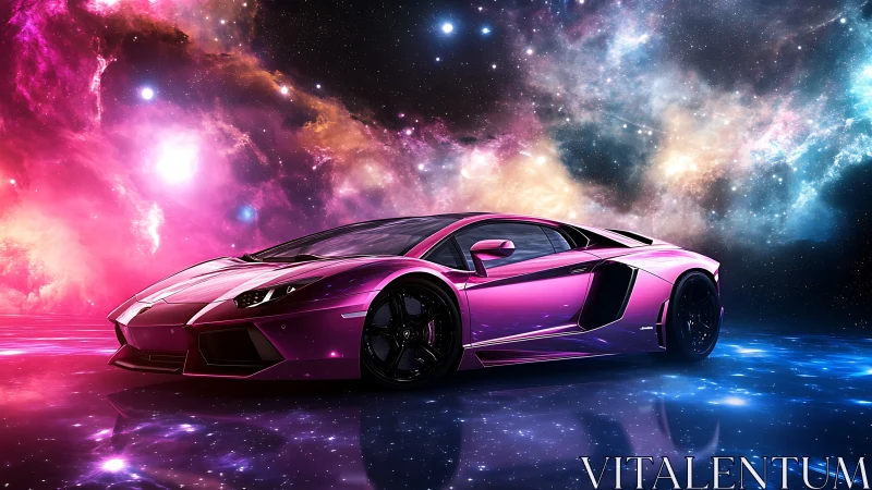 Cosmic magenta supercar drifting through neon starlit void.