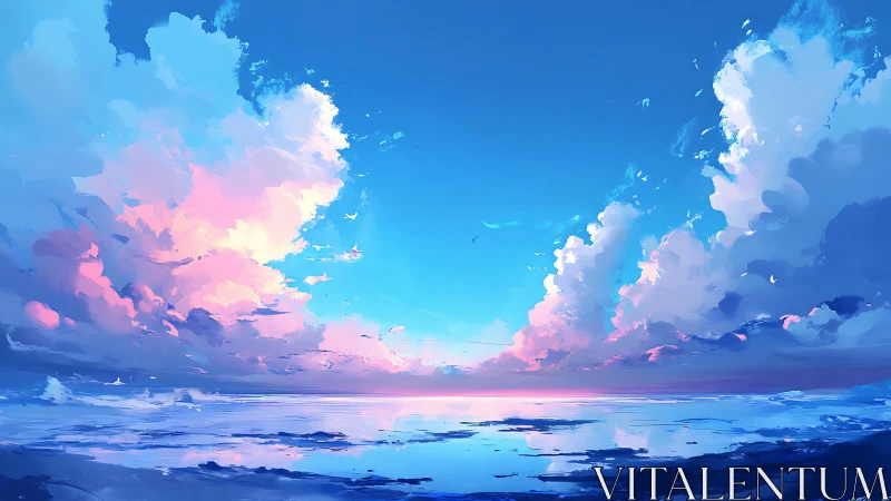 Digital ocean horizon under expansive pink and blue clouds
