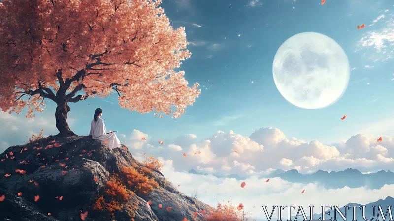 Figure sits beneath a pink tree on a rocky hill facing moon