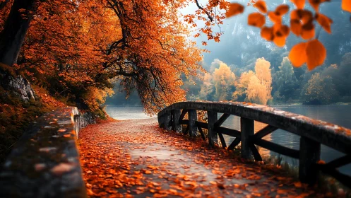Golden autumn bridge beside a quiet misty lakeshore.