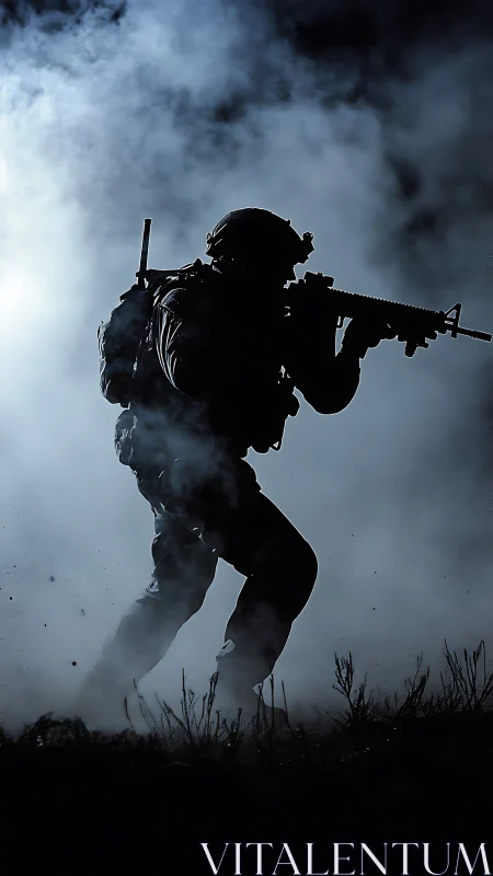 Silhouetted soldier strides through swirling nighttime smoke.